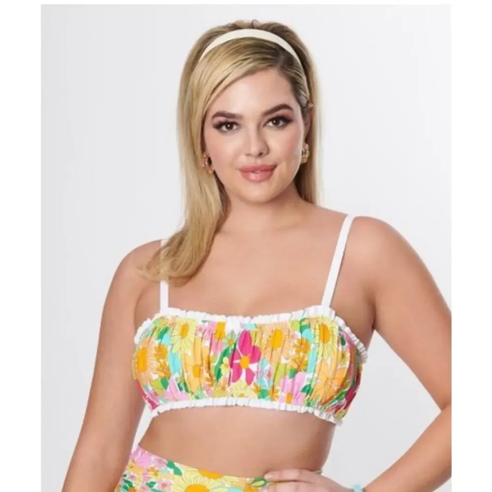 Unique Vintage 1970’s Bright Floral Ruffle Bikini Top 3X 20 NWT
